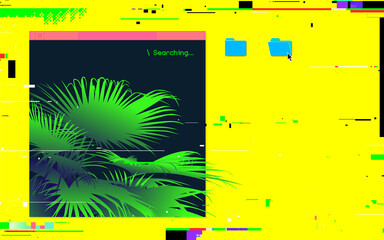 Computer desktop windows glitch and error with tropical fan palm in vintage OS window, digital dither illustration background, techno cyber and nature concept design