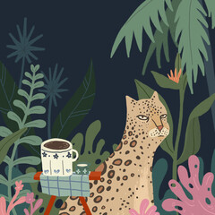 Leopard enjoy coffee in cute colorful tropical green jungle background, cute and sweet pastel hand drawn digital paint illustration chalk grunge texture style, nature, animal and beverage concept