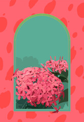 Tropical Dwarf Ixora flowers and arch window, beautiful summer blank background design, bright and colorful summer vibe