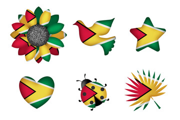 Peace symbols in colors of national flag. Concept clip art on white background. Guyana