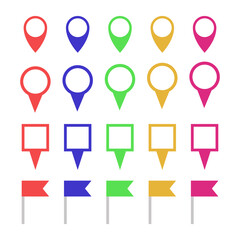 Set of different pin icons. Location sign in flat style isolated on white background. Navigation map, gps concept. Vector.