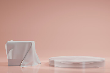 White product show platform podium with cloth on a square box 3d rendering illustration mockup pedestal on pink background with studio lighting.