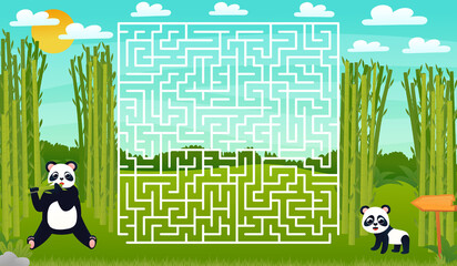 Help panda bear find path to bamboo, printable worksheet for kids with labyrinth or maze game for children books