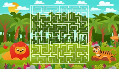Printable educational worksheet for kids with labyrinth puzzle, tropical jungle animals wildlife with cute lion