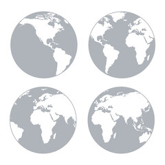 Set of four planet Earth globes. Different continents on the globe. Vector illustration.