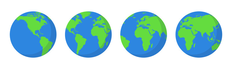 Four different views of the planet Earth. Different continents on the globe. Vector illustration.