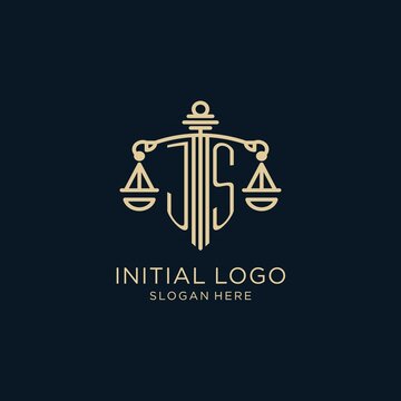 Initial JS logo with shield and scales of justice, luxury and modern law firm logo design