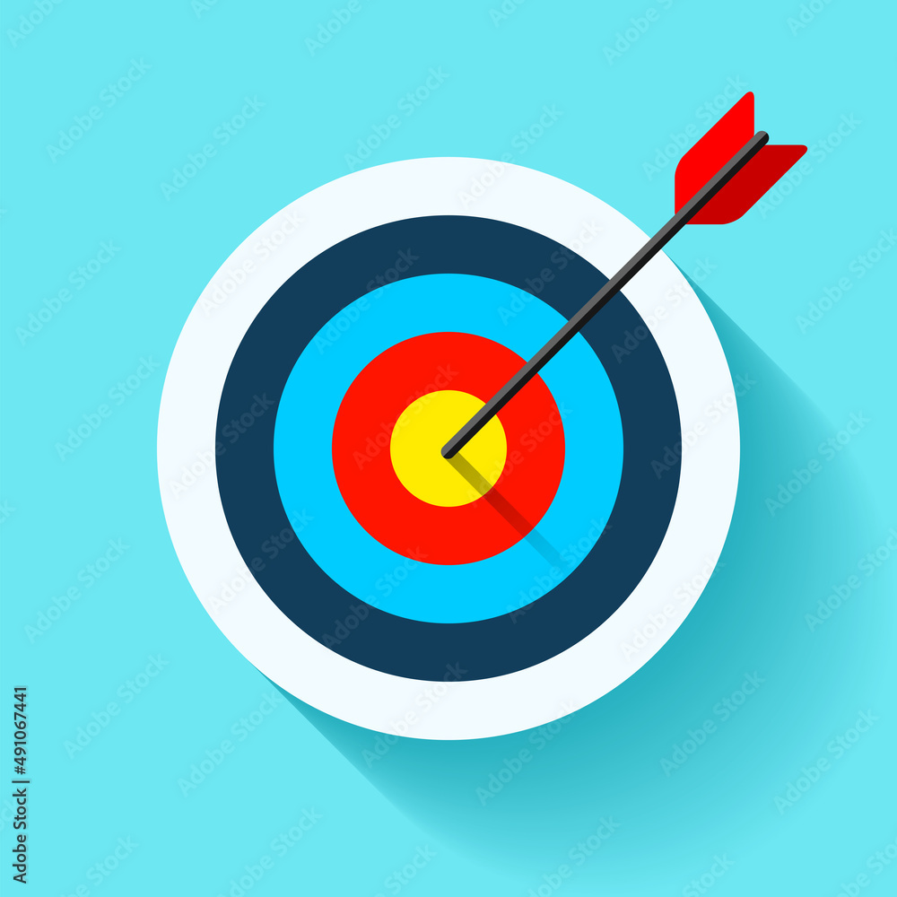 Poster target icon in flat style on color background. arrow in the center aim. vector design element for yo