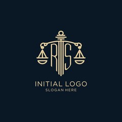 Initial RS logo with shield and scales of justice, luxury and modern law firm logo design