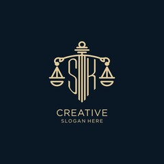Initial SK logo with shield and scales of justice, luxury and modern law firm logo design