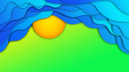 niebieskie chmury i słońce 3D na zielonym tle, abstrakcyjne tło