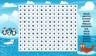 Educational word search game for kids with arctic animals, printable worksheet with seal, penguins and polar bear