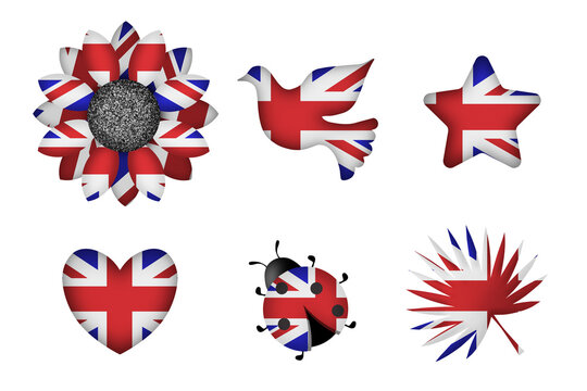 Peace symbols in colors of national flag. Concept clip art on white background. United Kingdom