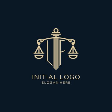 Initial LF logo with shield and scales of justice, luxury and modern law firm logo design