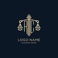 Initial RC logo with shield and scales of justice, luxury and modern law firm logo design