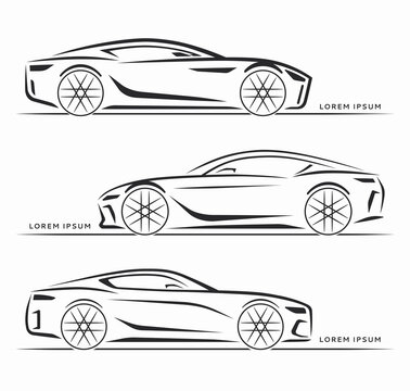 Set of modern sports car silhouettes. Sports car contours, logo design templates. Side view. Vector illustration.