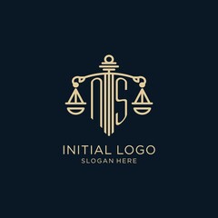 Initial NS logo with shield and scales of justice, luxury and modern law firm logo design