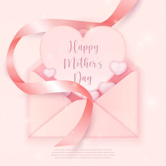 Happy mother's day pink ribbon love heart paper card and envelope