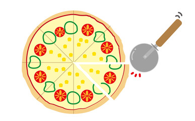 出来立てのマルゲリータピザをピザカッターでカットしている挿絵フードイラスト。宅配ピザ・テイクアウト