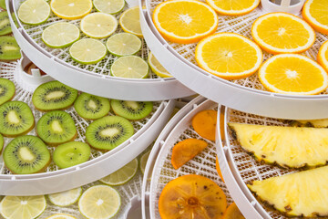 on the round white grates of the fruit and vegetable drying machine, there are fresh sliced kiwi, orange, pineapple, persimmon and lime, close-up