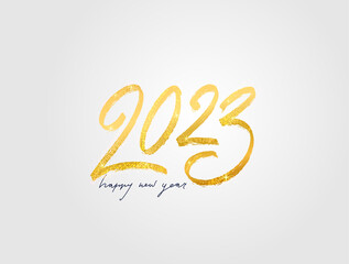 Happy New Year number 2023. Golden with bright sparkles. Vector handwritten calligraphy text lettering in paint color gold. 2023 Festive design template, greeting card, poster, banner, web site.