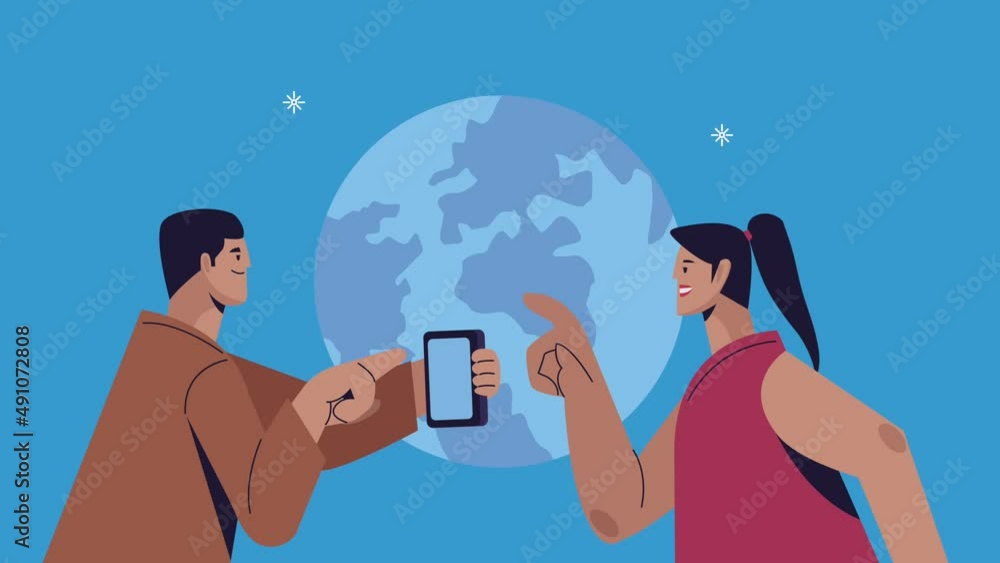 Poster couple with smartphone and earth planet