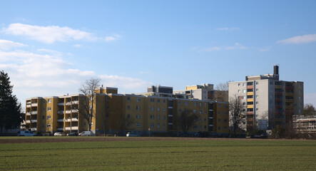 City Apartment buildings with blue sky. 