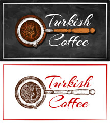 Sketch drawing colorful logo of Turkish coffee isolated on chalkboard. Engraved black coffee in cezve on blackboard. - 491074266