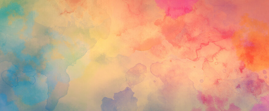 Watercolor background in blue pink and yellow orange colors, colorful painted background texture in abstract sunset or sunrise sky illustration