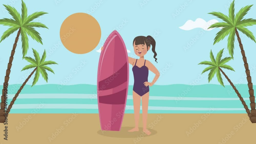 Sticker young woman surfer with pink surfboard