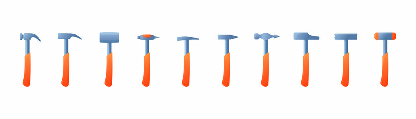 Vector illustration carpenter or builder iron hammers with orange handle isolated on white background. Different types of hammers vector icons set. Handyman tools for home repair.
