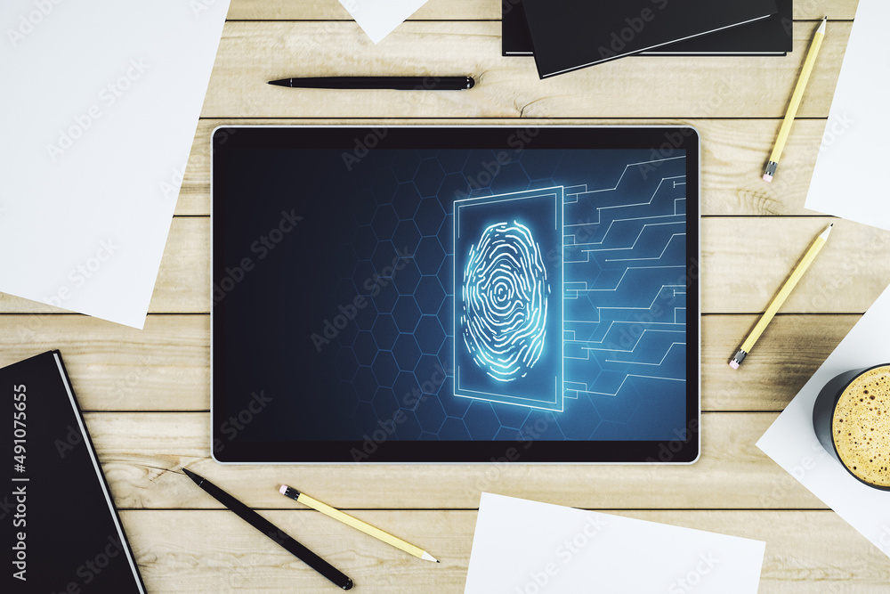 Poster Top view of modern digital tablet display with creative fingerprint hologram, personal biometric data concept. 3D Rendering