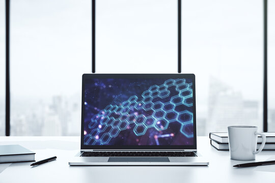 Creative concept of wireless technology with hexagon hologram on modern laptop screen. Big data and database concept. 3D Rendering