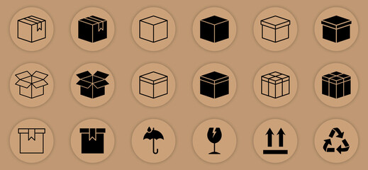 Package with Symbol of Recycle, Glass, Fragile Pictogram. Cardboard Boxes Line and Silhouette Icon Set. Open and Closed Parcel Collection Icon. Isolated Vector Illustration