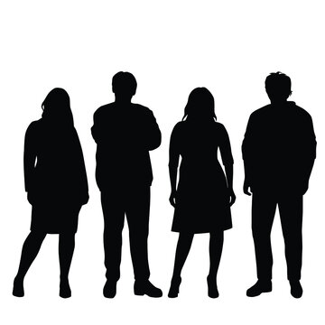 Silhouettes of standing fat men and women, business people, vector illustration, black, isolated on a white background