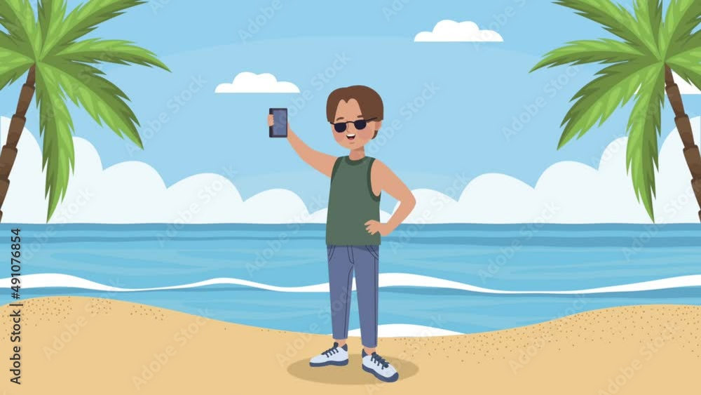 Sticker young tourist man take a selfie on the beach