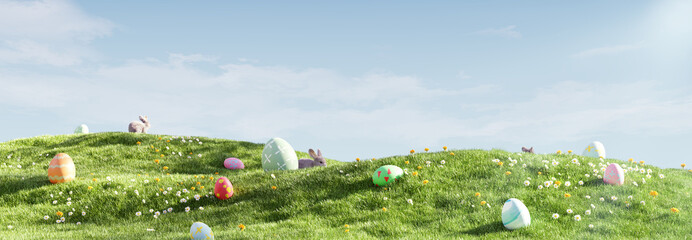 Pasen-landschap, konijntjes met kleurrijke eieren en madeliefjebloem op weide onder mooie hemel. 3D-rendering