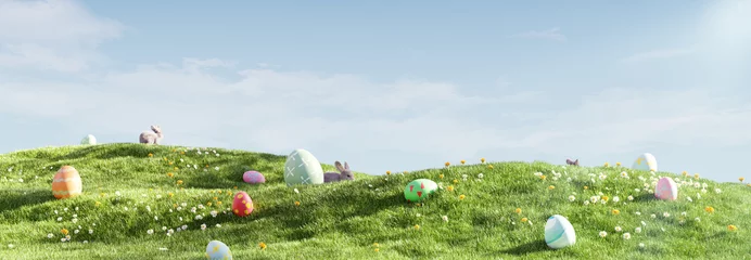 Fotobehang Pistache Pasen-landschap, konijntjes met kleurrijke eieren en madeliefjebloem op weide onder mooie hemel. 3D-rendering
