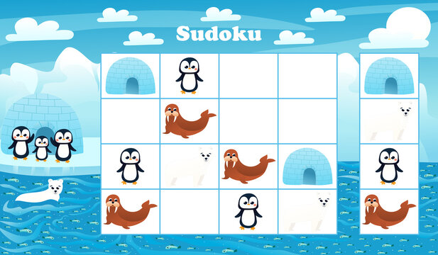Kids sudoku game with cartoon penguin and polar bear in arctic. riddle with north pole animals characters