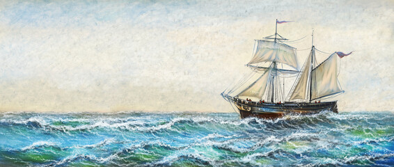 Digital oil paintings sea landscape, old ship on the sea. Fine art - 491077212