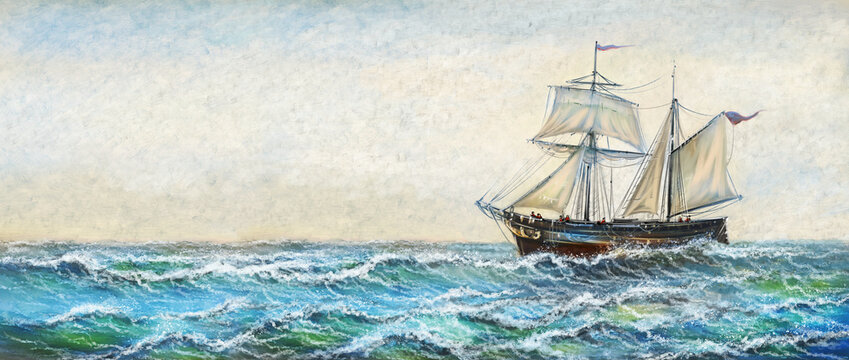 Digital oil paintings sea landscape, old ship on the sea. Fine art