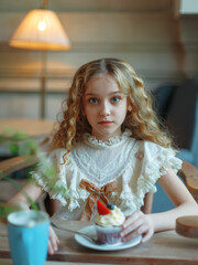Fototapeta na wymiar cute little girl with blond wavy hair in a smart dress eats a cake in a cafe