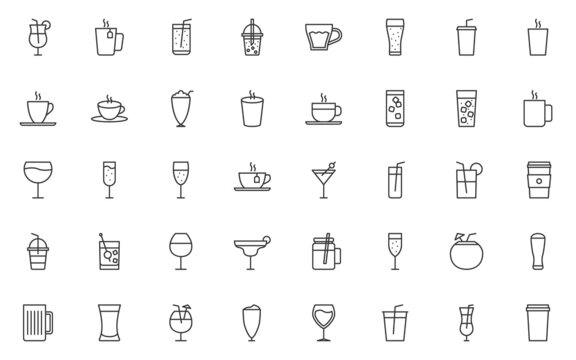 set of drinks line icons, alcohol, softdrinks, coffee, tea