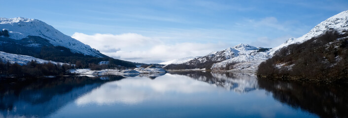 Loch Dochart aerial view showing fallen snow during winter