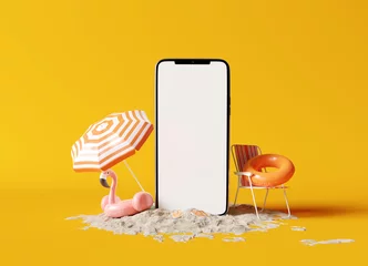 Foto op Plexiglas Smartphone blank screen with beach accessories on yellow background. summer travel vacation concept. 3d rendering © aanbetta