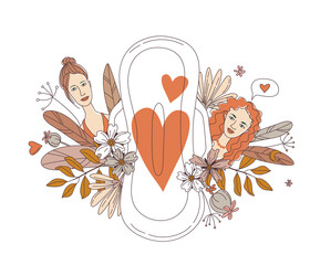 Women menstruation periods sanitary pad with heart floral flowers pattern background