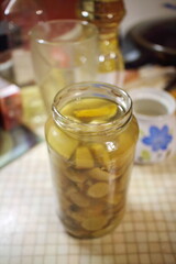jar of pickled mushrooms on the table