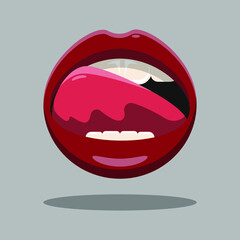 Woman's mouth to express delicious state. Mouth open with red lips, tongue and teeth. Isolated vector illustration