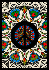 peace icon among flowers, retro hippie illustration