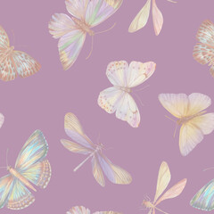 Naklejka na ściany i meble Watercolor butterflies seamless pattern. Abstract butterflies painted in watercolor in mixed media. Botanical background for design, print, wallpaper, textile, wrapping paper.